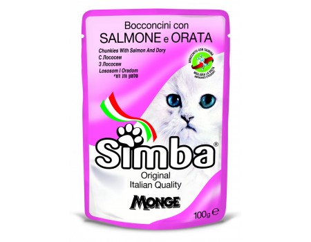 Пауч Monge Simba Cat мясные кусочки, лосось и дори, 100 г.