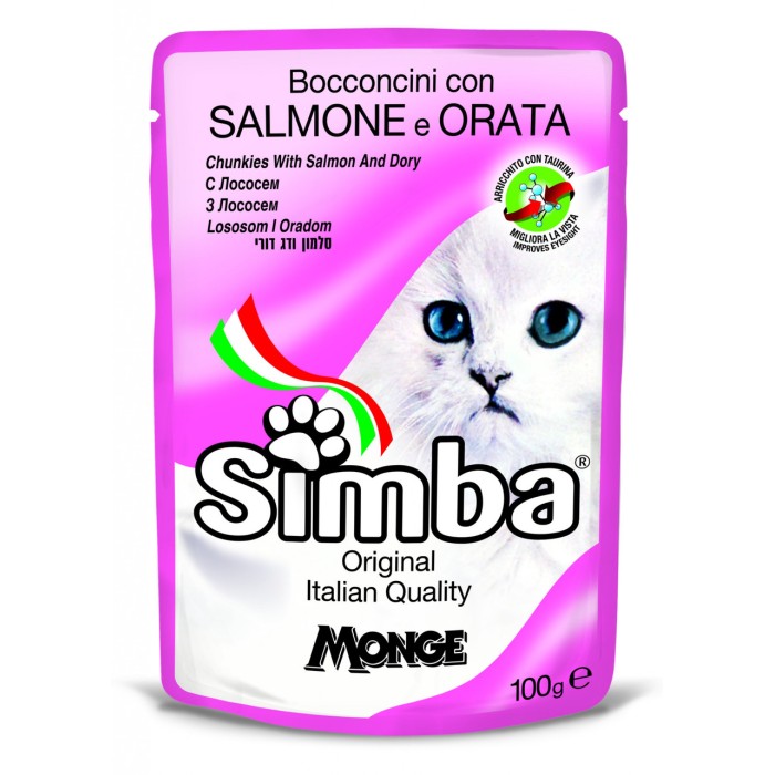 Пауч Monge Simba Cat м'ясні шматочки, лосось та дорі, 100 г