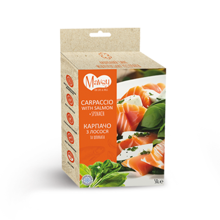 Лакомство для собак Mavsy Freeze dried, карпаччо с лососем и шпинатом, 50 г