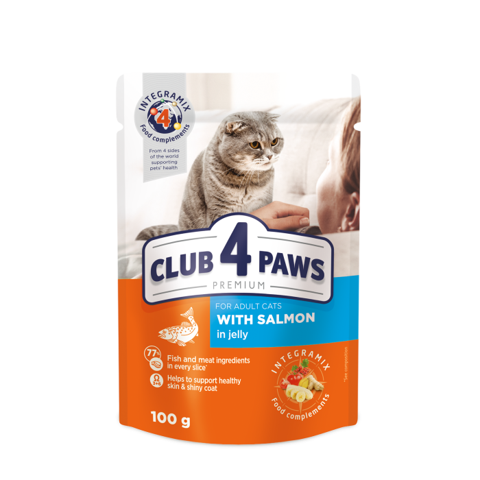 Вологий корм Club 4 Paws (Клуб 4 лапи) Premium, для дорослих котів, із лососем у желе, 100 г
