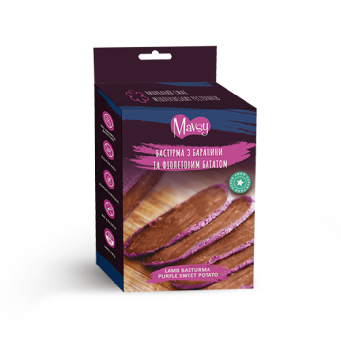 Ласощі для собак Mavsy Refined jerky, бастурма з баранини та фіолетовим бататом, 100 г