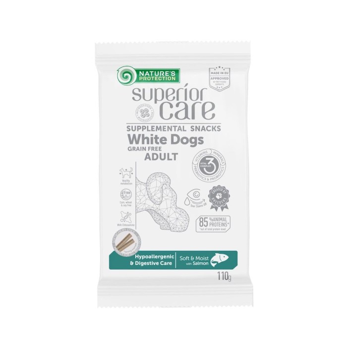 Беззернові ласощі Nature's Protection SC White Dogs Hypoallergenic & Digestive, для собак з світлим забарвленням, лосось, 110 г
