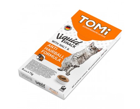 Рідкі ласощі для котів TOMi Liquid Snack Malt & Hairball ТОМІ ВИВЕДЕННЯ ШЕРСТІ, з солодом (1 стік - 15г)
