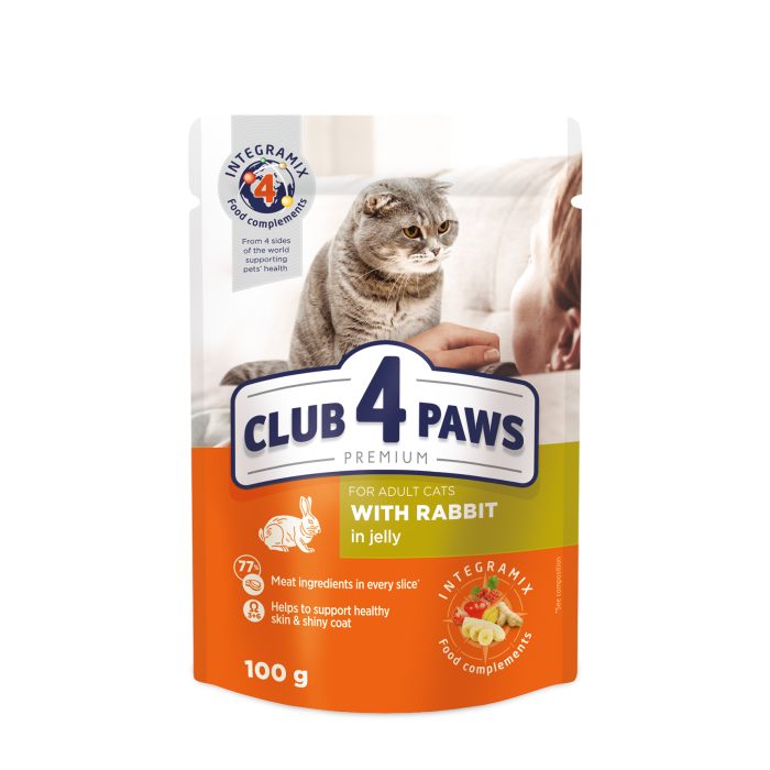 Вологий корм Club 4 Paws (Клуб 4 лапи) Premium, для дорослих котів, з кроликом у желе, 100 г