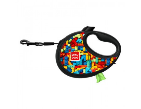 Повідець-рулетка для собак WAUDOG R-leash з контейнером  "Блоки" світловідбивна стрічка L до 40кг 5м