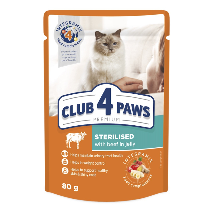 Влажный корм Club 4 Paws (Клуб 4 лапы) для стерилизованных кошек, с говядиной, 80г