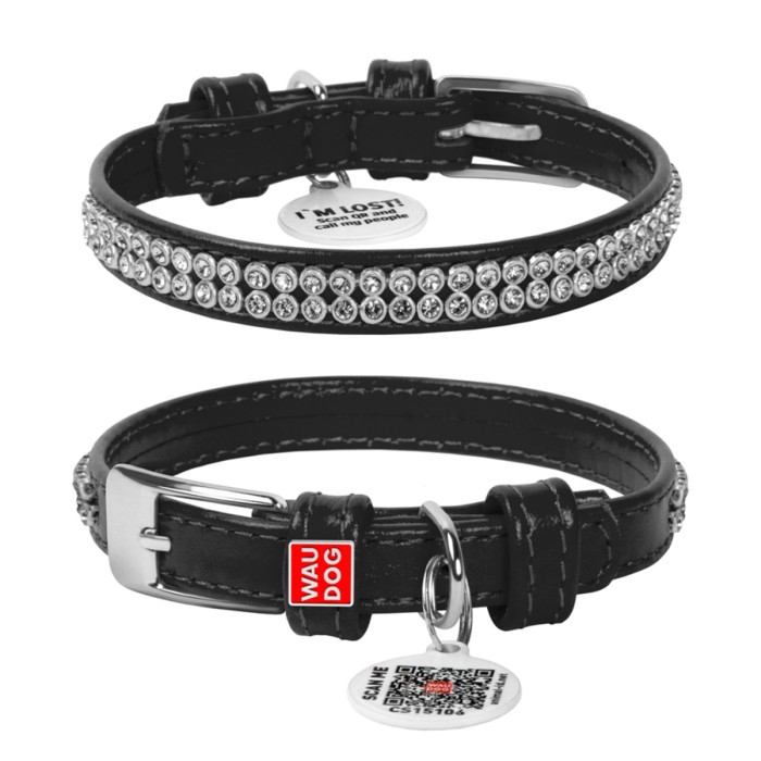 Ошейник для собак кожаный WAUDOG Glamour с QR паспортом, "Полотно стразы", Ш 9 мм, Д 19-25 см, черный