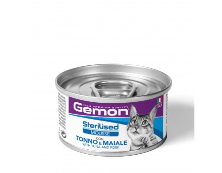 Вологий корм Gemon Cat Wet Sterilised, мус, тунeць та свинина, 85 г    