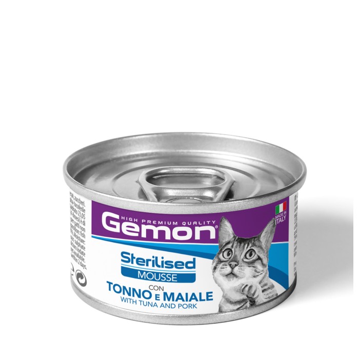 Вологий корм Gemon Cat Wet Sterilised, мус, тунець та свинина, 85 г    