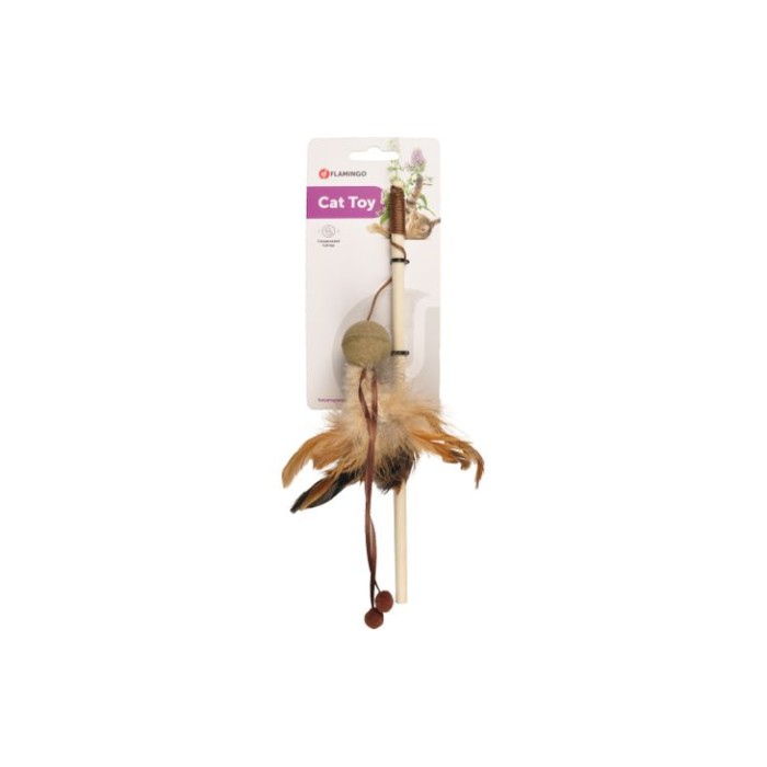 Удочка дразнилка Flamingo Penken Dangler with Catnip Ball Мяч с перьями с кошачьей мятой, длина ручки 27 см, коричневый