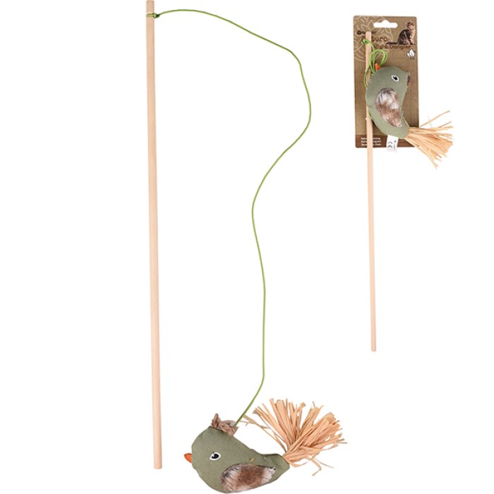 Вудка дражнилка для котів Flamingo Natura Delight Bird  ПТАХ, з котячою м’ятою, довжина ручки 45 см