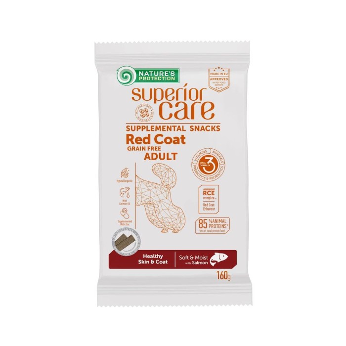 Беззернові ласощі Nature's Protection Superior Care Red Coat Healthy Skin & Coat, для здоров'я шерсті собак рудих забарвлень, лосось, 160 г
