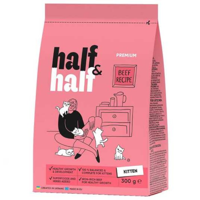 АКЦІЯ HalfHalf - Корм сухий для кошенят з яловичиною, 300 г + Ласощі м'ясні палички для кошенят з індичкою, 5 г