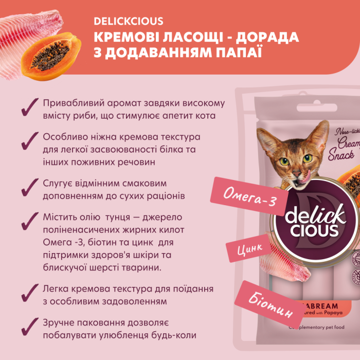 Дополнительный корм для кошек DELICKCIOUS, кремовое лакомство, совет с добавлением папаи, 4х15 г