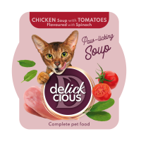 Повнораціонний корм для дорослих котів DELICKCIOUS, суп з курки з томатами та додаванням шпинату, 80 г