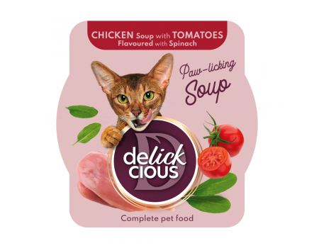 Повнораціонний корм для дорослих котів DELICKCIOUS, суп з курки з томатами та додаванням шпинату, 80 г