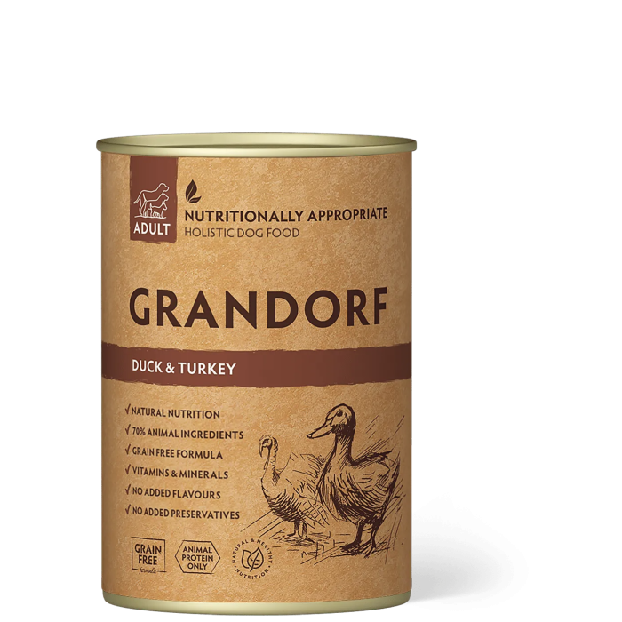 Вологий корм Grandorf, для дорослих собак, з качкою та індичкою, 400 г