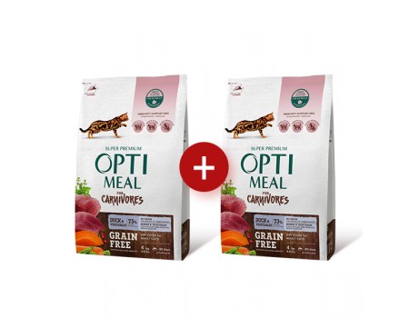 Акция! OptiMeal (Оптимил) беззерновой сухой корм для кошек, утка и овощи 4кг +4кг в подарок