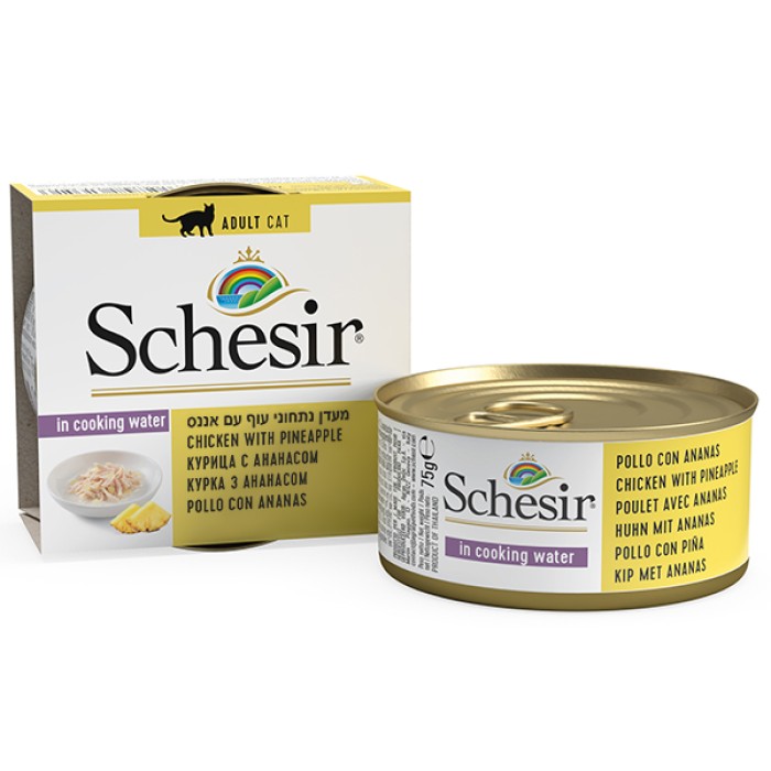 Розпродаж_05_2025//Schesir Chicken Pineapple ШЕЗІР КУРКА З АНАНАСОМ  для котів, вологий корм, банка 75г 