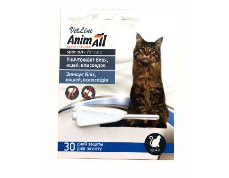 Краплі AnimAll VetLine Спот-Он проти бліх, вошей, волосоїдів, для котів (4-10 кг), 1 мл