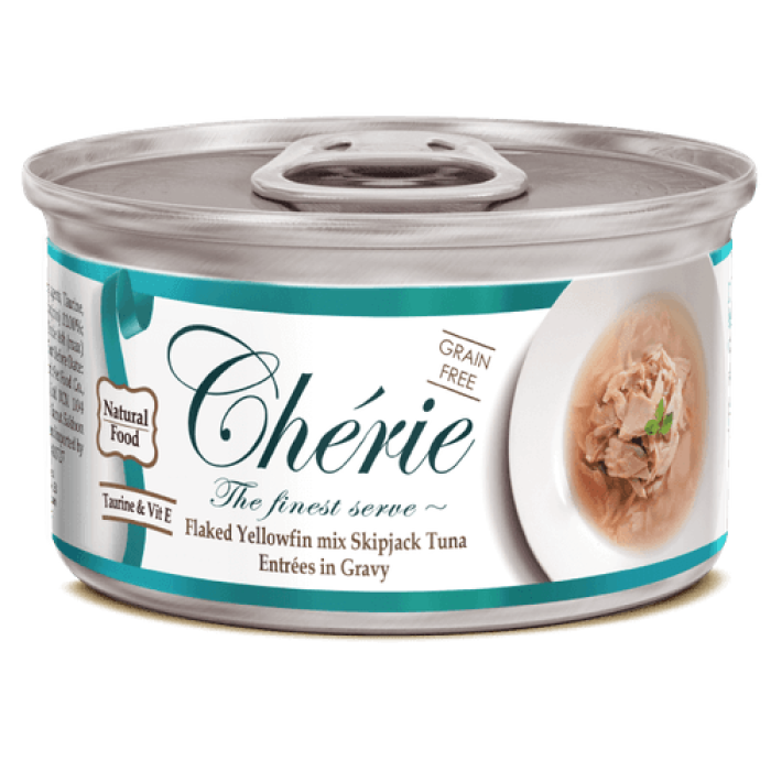 Консерва для кошек Cherie, из желтоперого и полосатого тунца в соусе, 80 гр