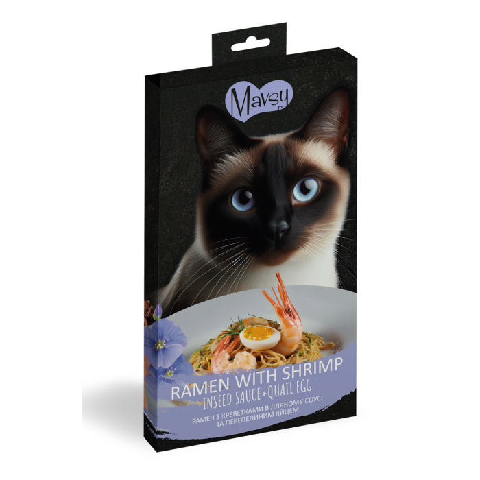 Mavsy - Creamy Treats shrimp+egg yolk, рамен с креветками в соусе из семян льна и перепелиным яйцом, 5x15 г