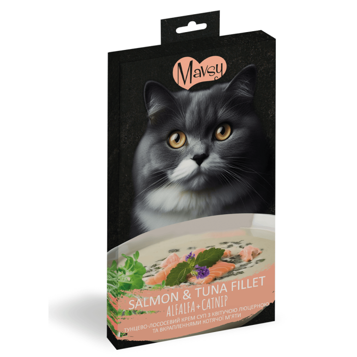 Mavsy - Creamy Treats Tuna+Salmon+catnip, филе лосося и тунца с люцерной и кошачьей мятой, 5x15 г