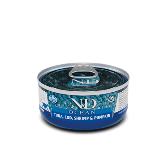 Влажный корм для кошек Farmina N&D Grain Free OCEAN TUNA, COD, SHRIMP & PUMPKIN, беззерновой, тунец, креветка, тыква, (01997) 70 г