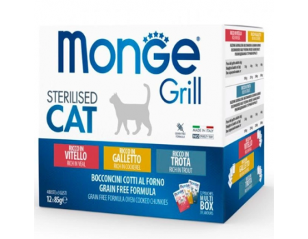 Пауч Monge Cat GRILL Wet MIX Sterilised мясные кусочки в желе, курица/форель/телятина 12х85 г