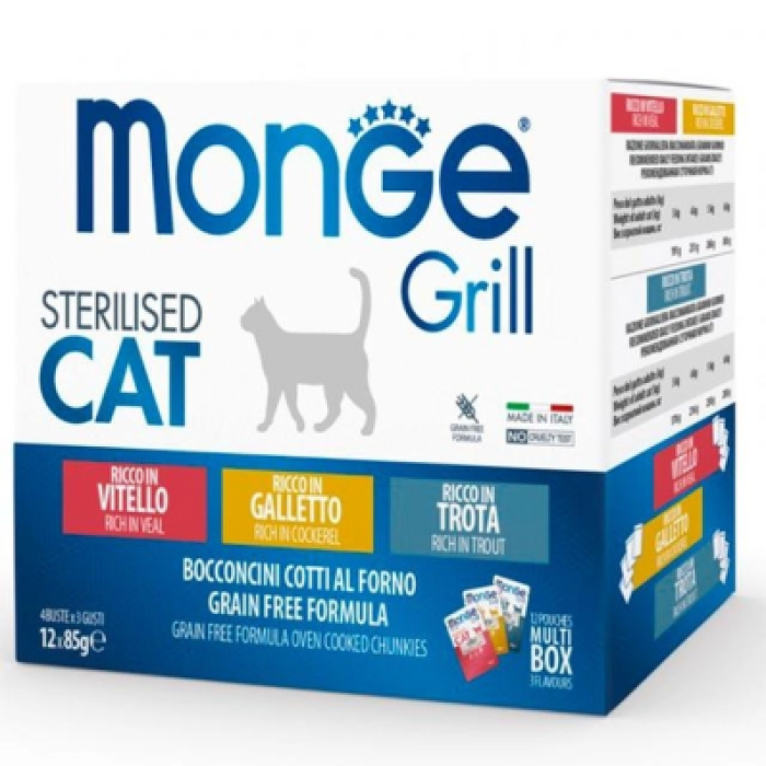 Пауч Monge Cat GRILL Wet MIX Sterilised м'ясні шматочки в желе, курка/форель/телятина 12х85 г