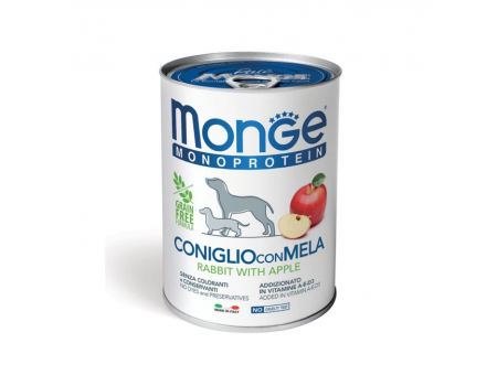 Консервы Monge Dog Fruit Monoprotein для собак, паштет, кролик с яблоками, 400 г