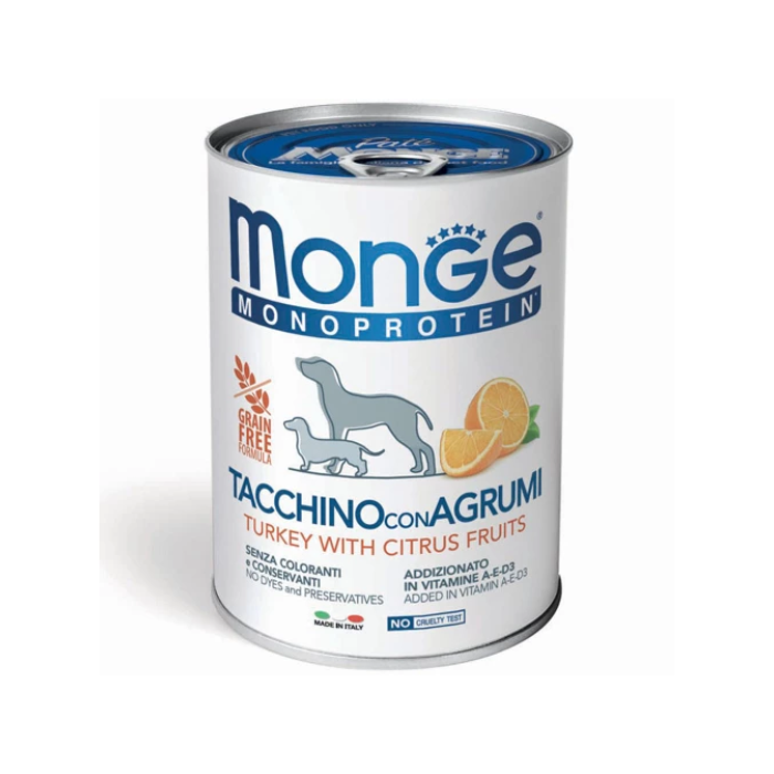 Консервы Monge Dog Fruit Monoprotein для собак, паштет, индейка с цитрусами, 400 г