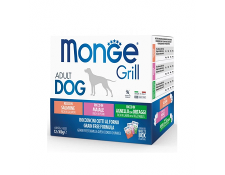 Набор влажного корма MONGE DOG GRILL MIX для собак, с лососем, ягнёнком, свининой, 12x100 г