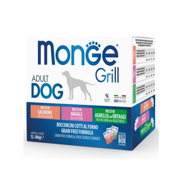 Набор влажного корма MONGE DOG GRILL MIX для собак, с лососем, ягнёнком, свининой, 12x100 г