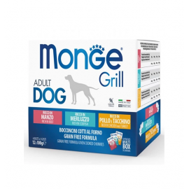 Набор влажного корма MONGE DOG GRILL MIX для собак, с треской, индейкой и курицей, говядиной, 12x100 г