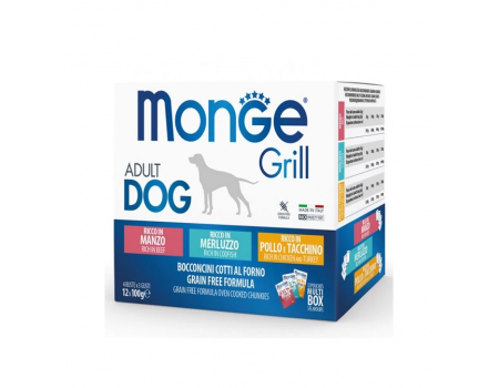 Набір вологого корму MONGE DOG GRILL MIX для собак, з тріскою, індичкою та куркою, яловичиною, 12x100 г