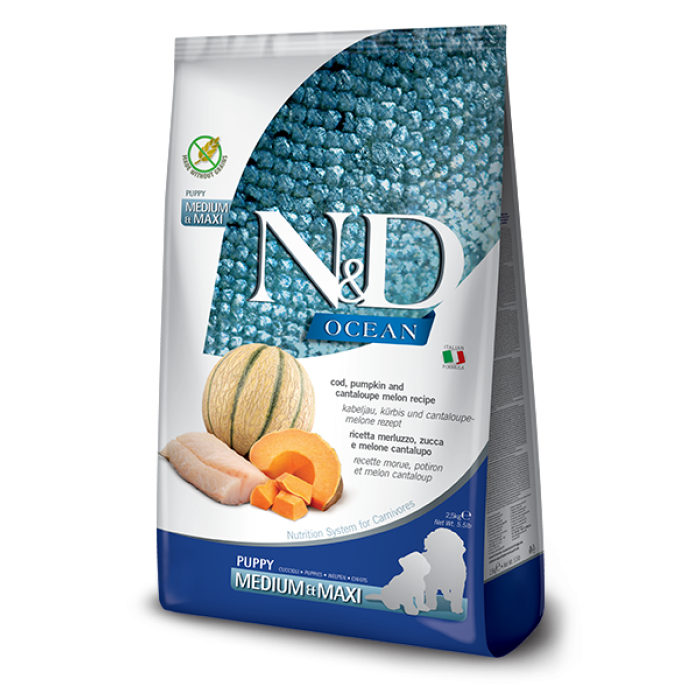 Сухой корм для щенков N&D Grain Free OCEAN COD, PUMPKIN & CANTALOUPE MELON PUPPY MEDIUM & MAXI, с треской, тыквой и дыней, (38807) 2,5 кг