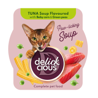 Полнорационный корм для взрослых кошек DELICKCIOUS, суп из тунца с добавлением миникукурузы и зеленого горошка, 80 г