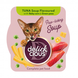 Полнорационный корм для взрослых кошек DELICKCIOUS, суп из тунца с доб..