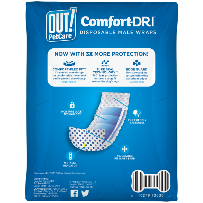 Одноразові підгузки АУТ! Comfort‑Dri™, для кобелів, M/L (3х10 шт/пак)