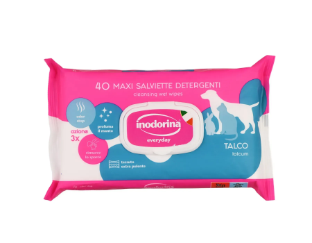 Inodorina Everyday Talco - Вологі серветки для всіх типів шерсті котів, собак та кроликів з ніжним ароматом тальку, 40 шт