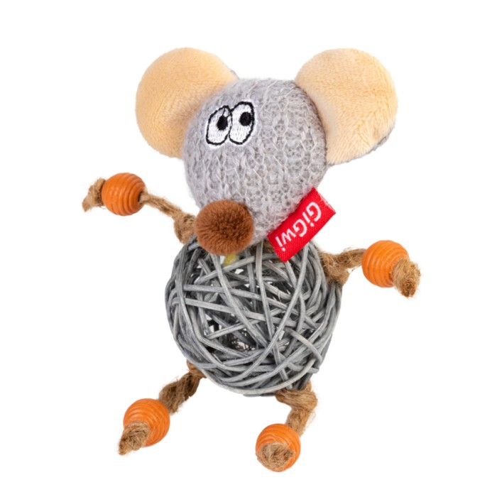 Игрушка для кошек Мышка с колокольчиком GiGwi Catch&Scratch, текстиль, веревка, ротанг, 8 см