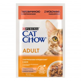 Вологий корм для кішок Cat Chow Adult, з яловичиною та баклажанами в желе, Пауч, 85 г