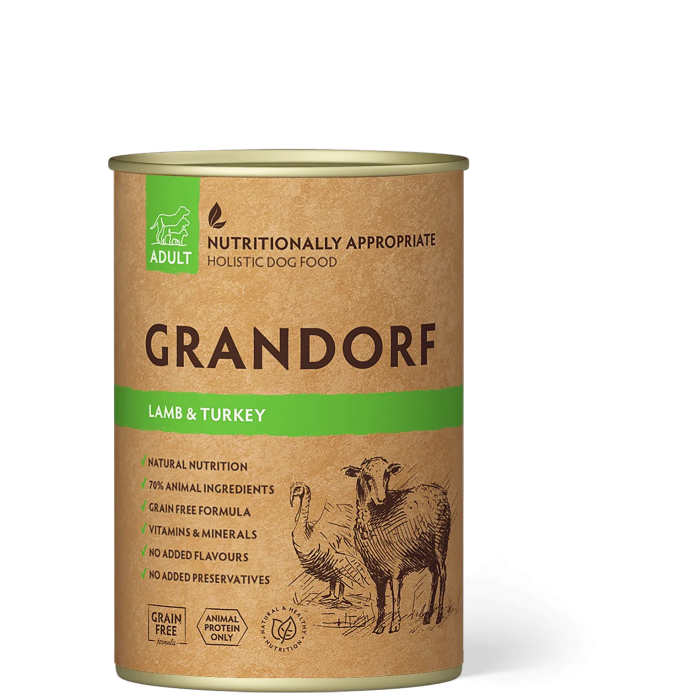 Вологий корм Grandorf, для дорослих собак, з ягнятком та індичкою, 400 г