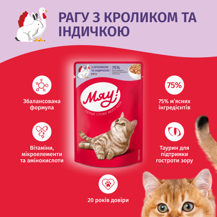 Влажный корм Мяу!, для взрослых кошек, рагу с кроликом и индейкой, 85 г