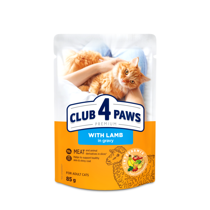 Вологий корм CLUB 4 PAWS для дорослих котів, з ягням в соусі, 85 г