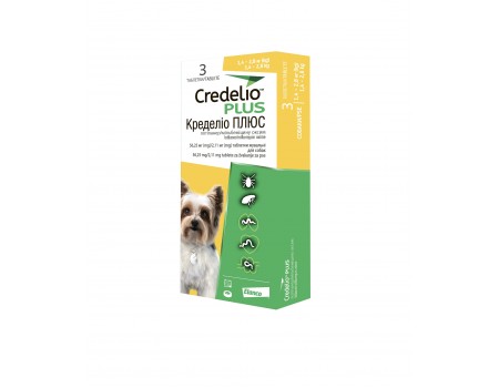 Credelio Plus  протипаразитарні жувальні таблетки Кределіо Плюс від бліх, кліщів та гельмінтів для собак від 1,4кг  до 2,8кг упаковка (3шт)