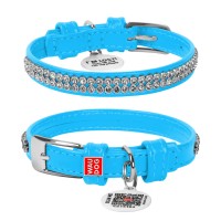 Ошейник для собак кожаный WAUDOG Glamour с QR паспортом, "Полотно стразы", Ш 9 мм, Д 19-25 см, голубой