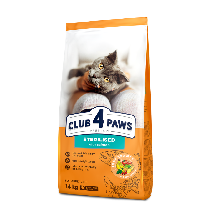 Сухой корм Club 4 Paws (Клуб 4 лапы) ПРЕМИУМ Sterilised with Salmon, для стерилизованных кошек, с лососем, 14 кг