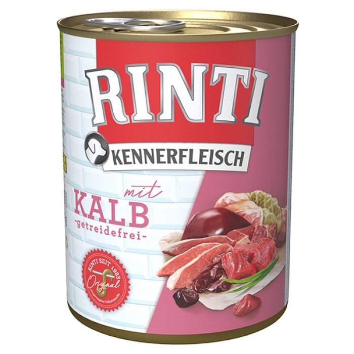 Беззерновой влажный корм Rinti Kennerfleisch mit Kalb РИНТИ КЕННЕРФЛЯЙШ, для собак, телятина, 800 г